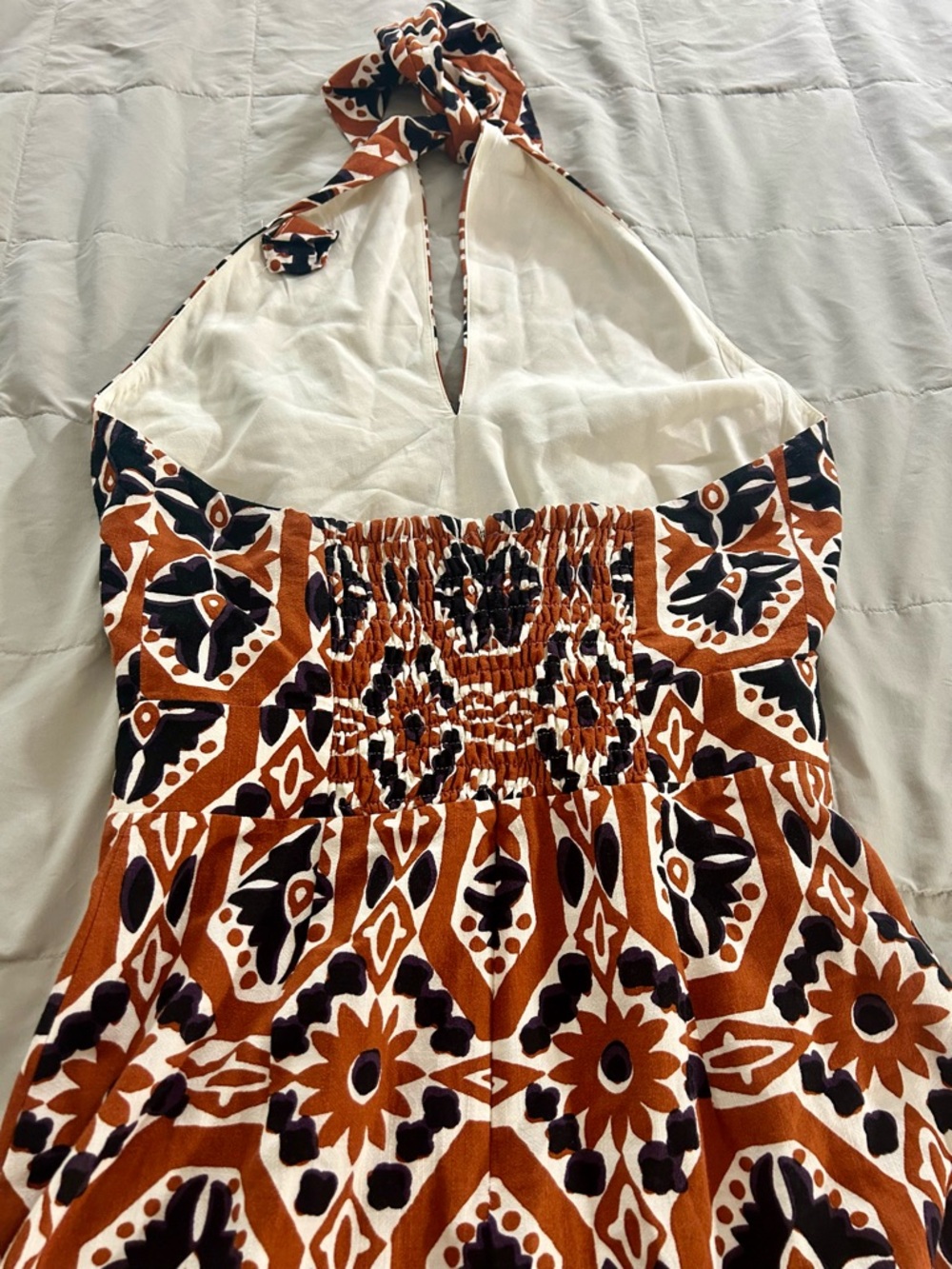 Sezane Alana Dress, Halter Midi Dress Size 42 / US 10, Rust Brown, Black, Cream - Picture 15 of 16